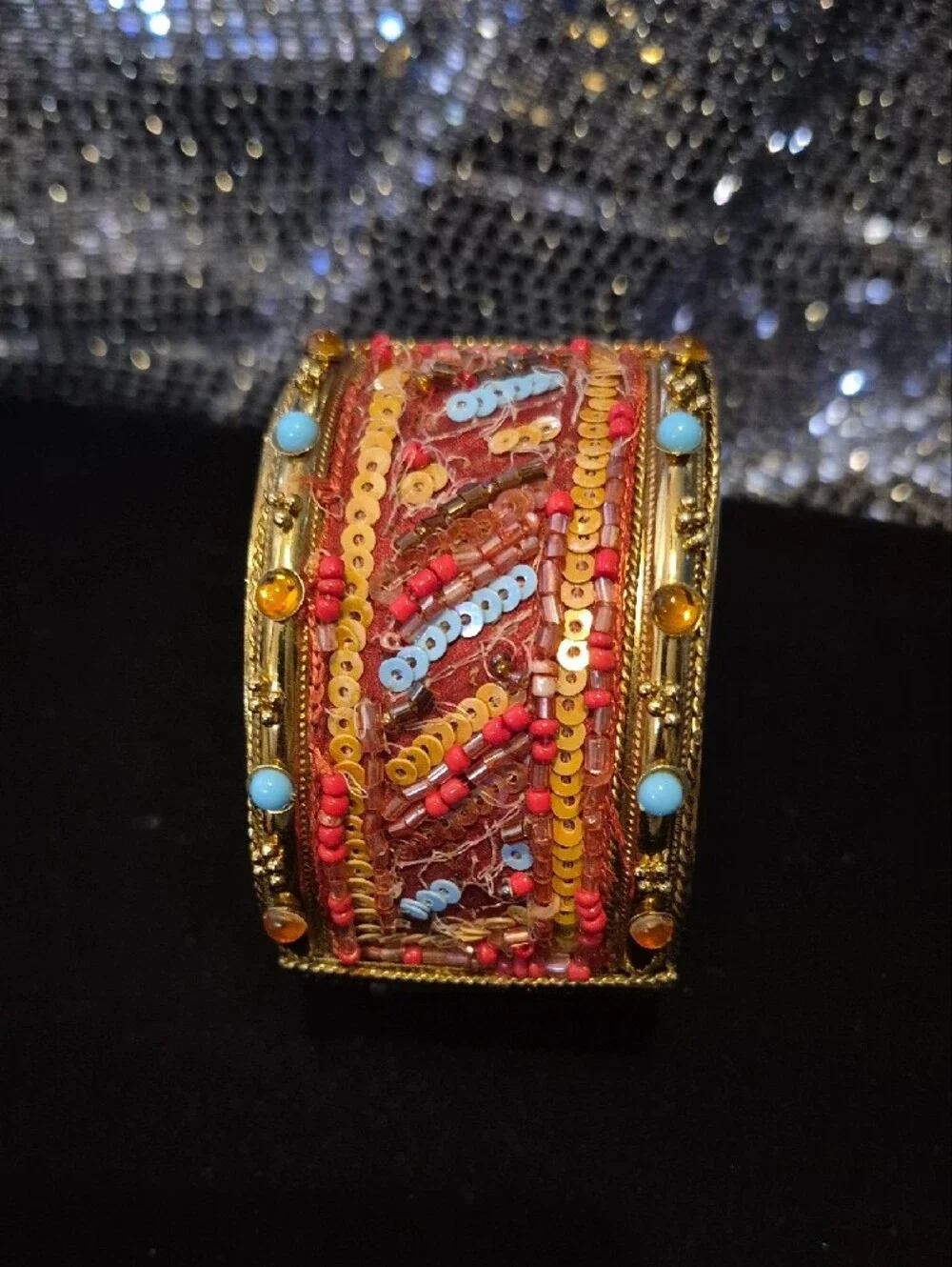 Embellished Beaded Cuff Bracelet - Red & Turquoise Accents